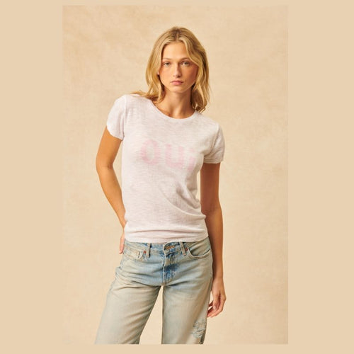 Short sleeve and slightly fitted knit tee by John +Jenn. 100% cotton White super lightweight tee with in ballerina pink with 'Oui'  on the front. 