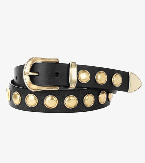 Sezim black belt with gold studs by Brave Leather at Hickox 