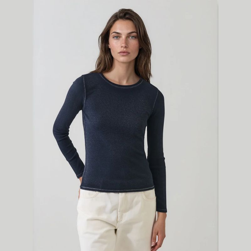 Navy Vintage Wash Pima Cotton Stretch Ribbed T-Shirt