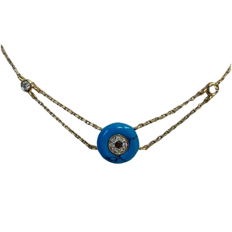 14 K Gold Evil Eye Diamond and Turquoise Necklace