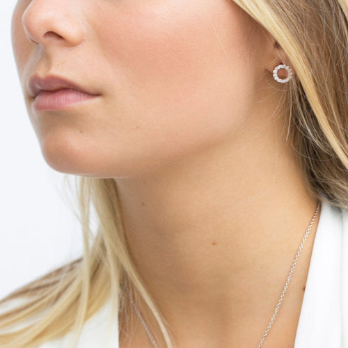 Model wearing Biella Uno Earrings- Sterling Silver with white CZ's  By Sif Jakobs  at Hickox Jewelers & Lifestyle 
