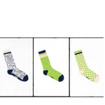 3pairs of socks  in whimsical original graphic  prints in blue and green. 