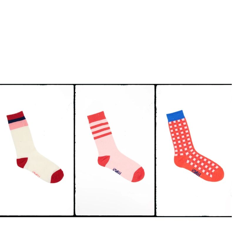 3pairs of socks  in whimsical original graphic  prints in Rose pink & creme . 