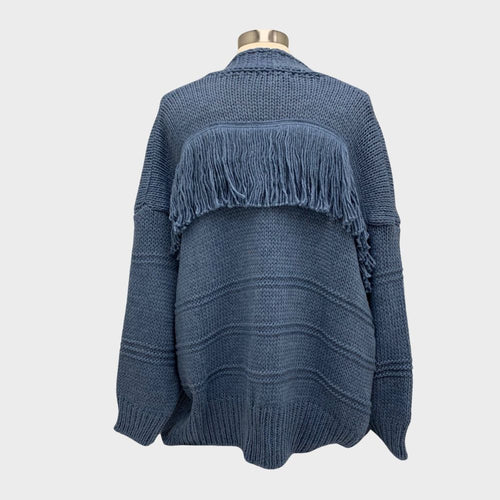 Textured Knit cardigan with knit fringe across the back - Back view 