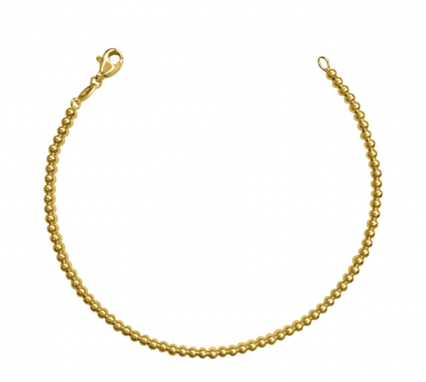 Yellow gold 2.5 mm bead ball bracelet on a white background 