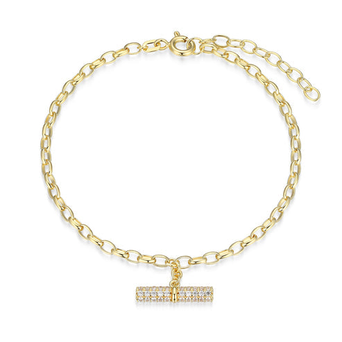 Gold bracelet with a cubic Zirconia -studded bar charm on a white background