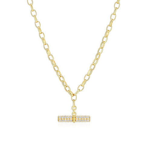 Gold necklace featuring a rectangular bar pendant  with cubic Zirconia on a white background