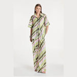 Pink and green bias stripe satin matching two piece pant and short sleeve shirt set.- Front view 