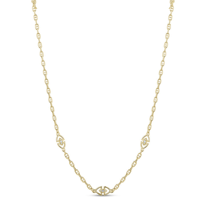 A delicate yellow gold chain necklace featuring three interlocking heart motifs spaced along the chain, displayed against a solid white background.
