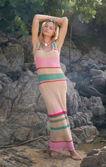 Maxi Dress in a crochet knit- with soft natural colours with horizontal stripe pattern  