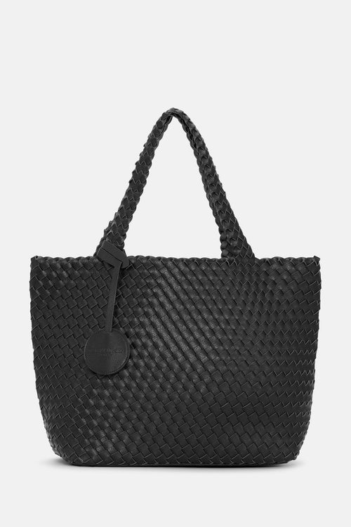 Black woven faux leather reversible tote bag - side view 