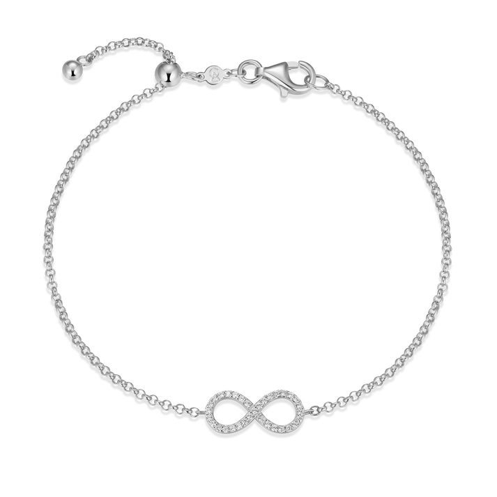 Silver bracelet with an infinity symbol on a white background