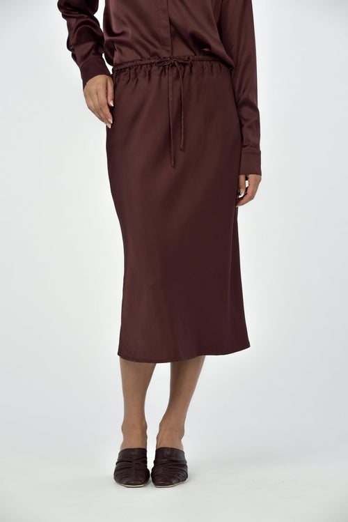 Paper labels midi slip skirt with a draw string waist in Truffle brown sleek satin 