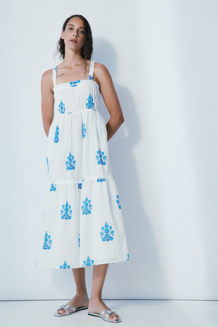 Maxi Cotton Sundress with Shoulder straps in a Blue and White Floral print   