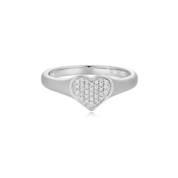 A Pave diamond heart on a silver band, signet-inspired ring. 