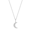 Silver crescent moon necklace with small diamonds on a white background