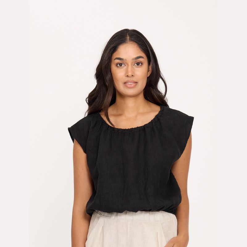 Short Sleeve Elastic Bottom Top Black