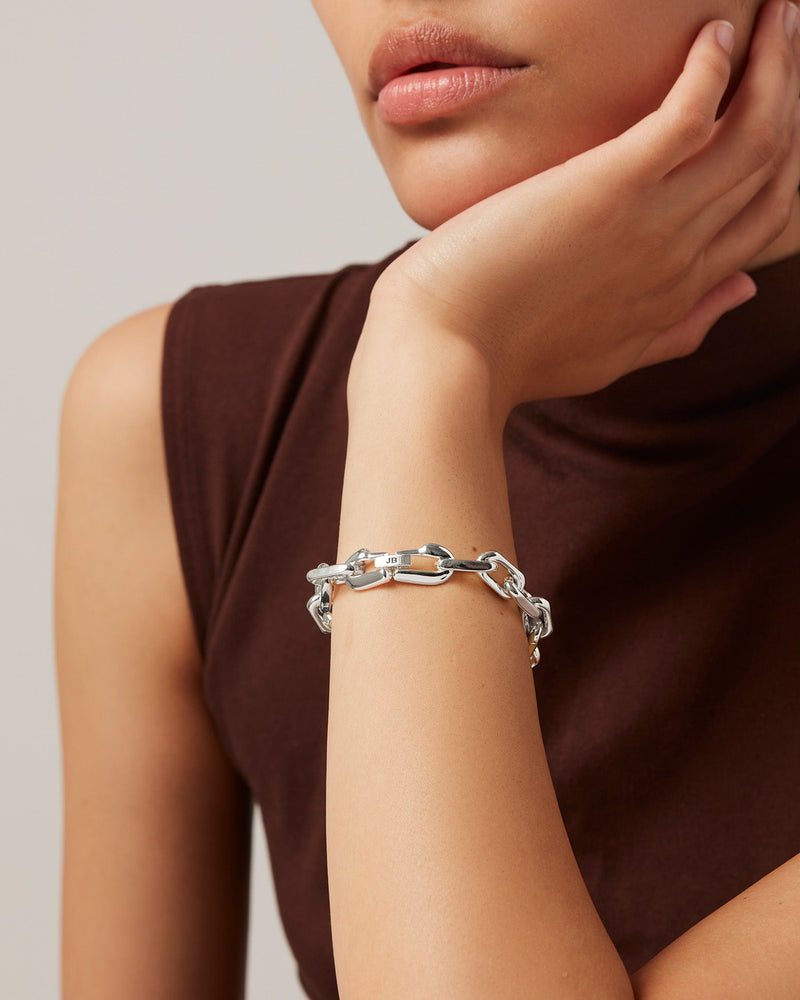 The Loire bracelet by Jenny Bird is a link bracelet with a high-polish gold finish. The new clasp closure is featured prominently on the Silver.