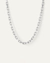 This necklace has a length of 18.8 inches. It is made of silver dipped brass  with a high-polish finish. The necklace has a faceted cable link chain with a foldover clasp.