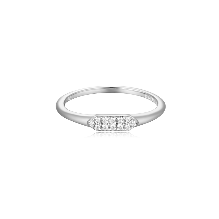 Silver ring with a long hex design, lab diamonds on 