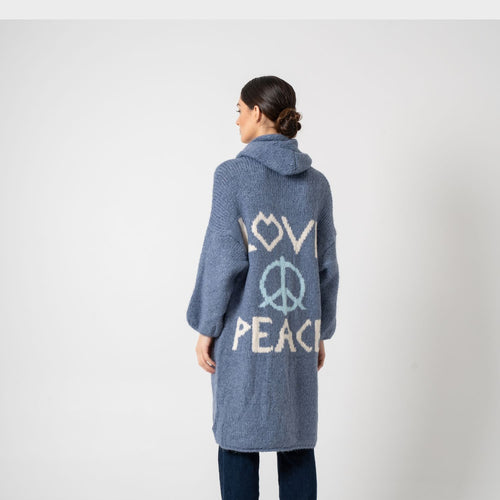 Back -Love Peace knit hooded Cardigan  in Blue Sky Indigo - ASTRID 