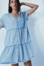 Short Sleeve Bleached denim Blue Dress in super soft Tencel 