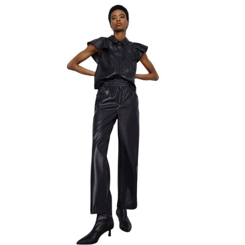 black vegan leather pant with drawstring waistband.