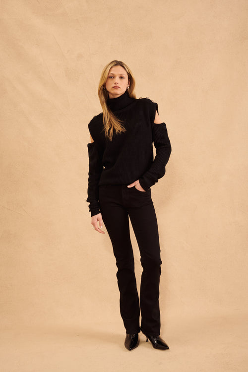 Long sleeve black turtleneck with cut outs at shoulder 