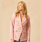 A woven Double breasted  blazer in a gingham fabric Ivory and Ballerina pink.  