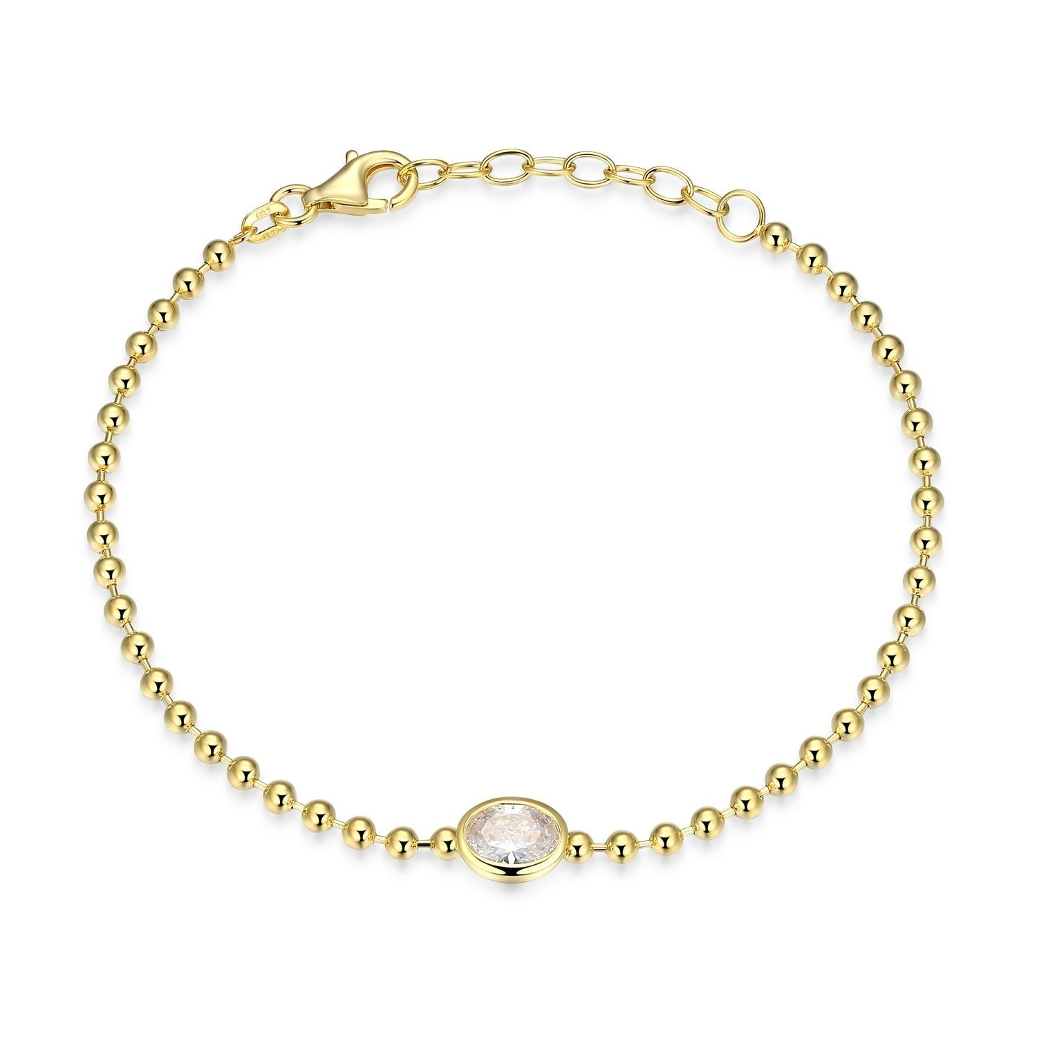 Gold bracelet with a central gemstone on a white background