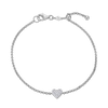 Sterling Silver bracelet with a heart-shaped  pave diamond charm on a white background