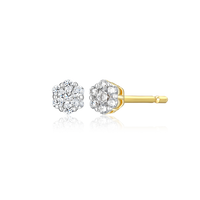 Pair of Lab Diamond cluster stud  earrings set in gold plated silver on a white background