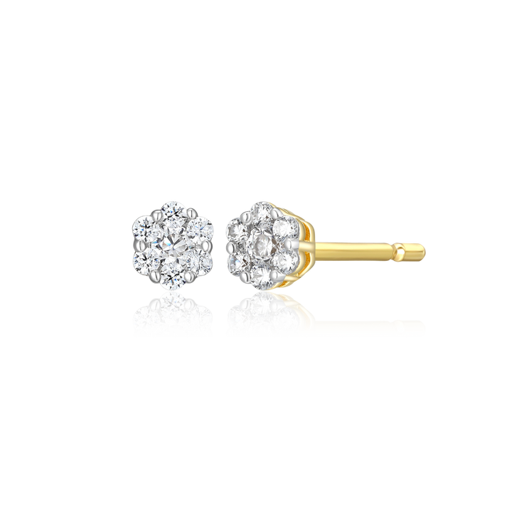 Pair of Lab Diamond cluster stud  earrings set in gold plated silver on a white background