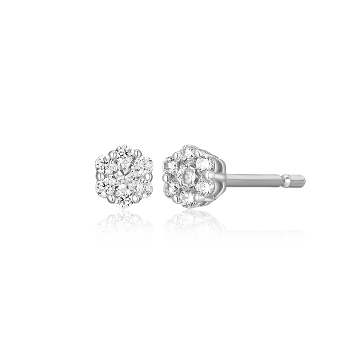 Pair of rhodium-plated sterling silver stud earrings with a cluster of lad diamonds 