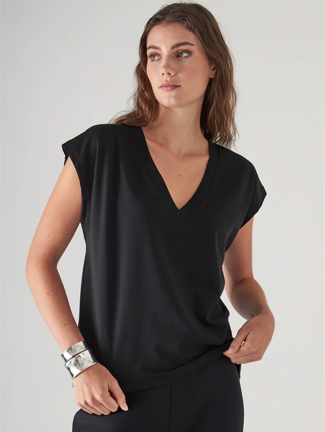Black Pima cotton Dolman v neck T shirt on model - short sleeve 