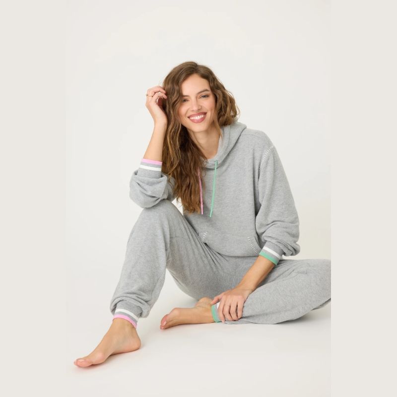 Women's grey pullover hoody & jogger pant with pink & green contrast cords & striped cuffs