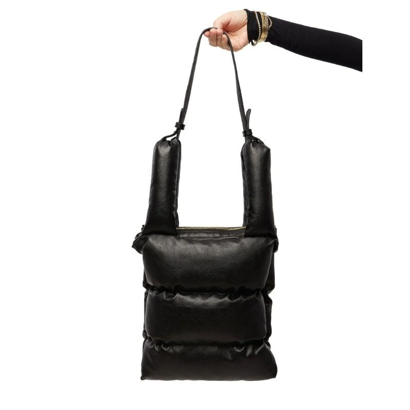 Vegan leather puffer tote in Black with a removeable strap and deep shoulder shape for a in a comfortable fit- made in Canada 