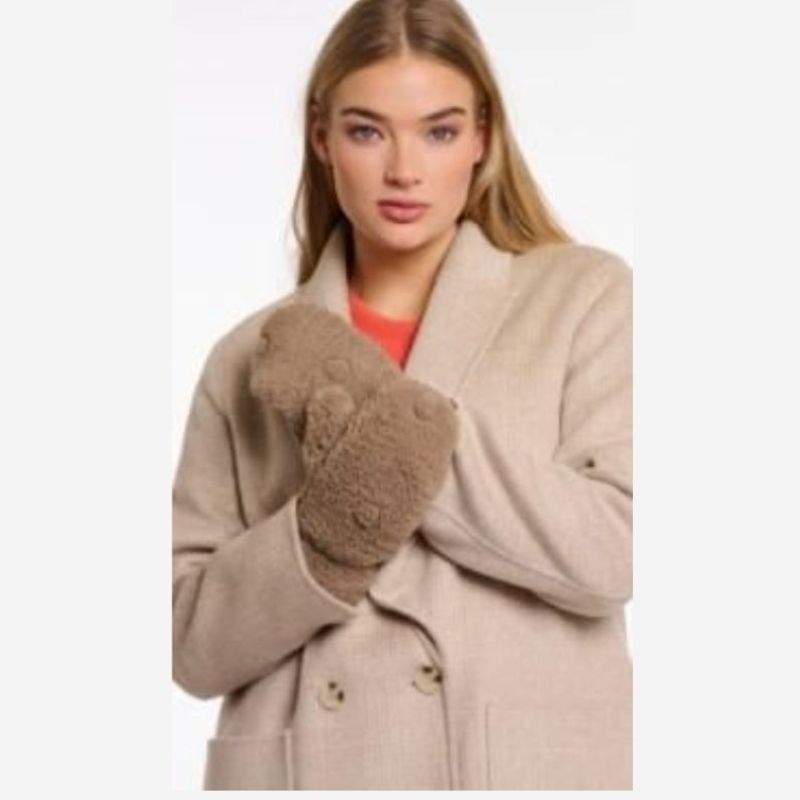 Aleida Faux Fur Mitts in warm Toffee brown with fold back at top to use fingers.