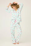  3-piece flannel Cotton pajamas set-  ,  a button-up shirt, relaxed-fit pants, and matching headband 
