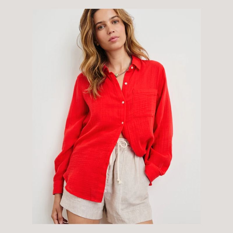 Soft cotton gauze button up collared shirt in cherry rad  