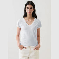 Woman wearing a very pale blue t-shirt against a light gray background