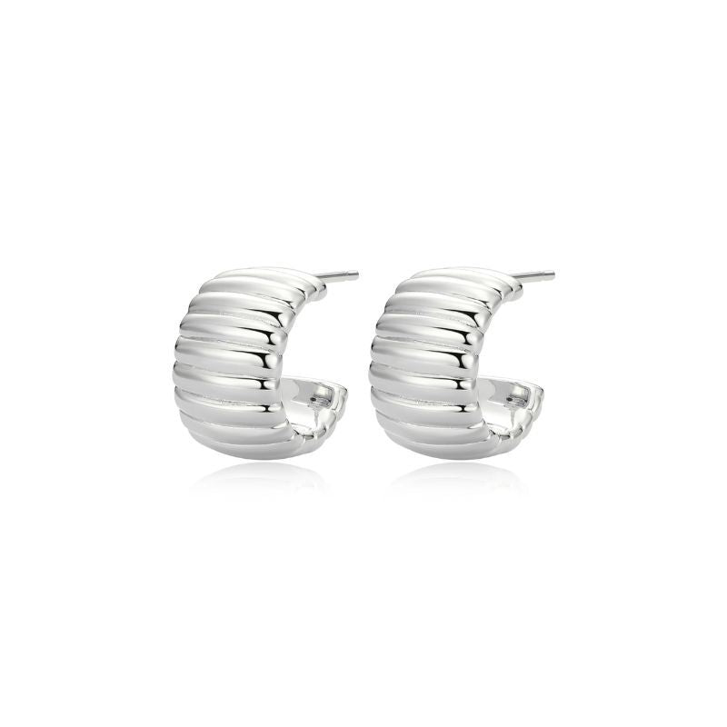 Silver Ribbed Half  Hoop Earrings