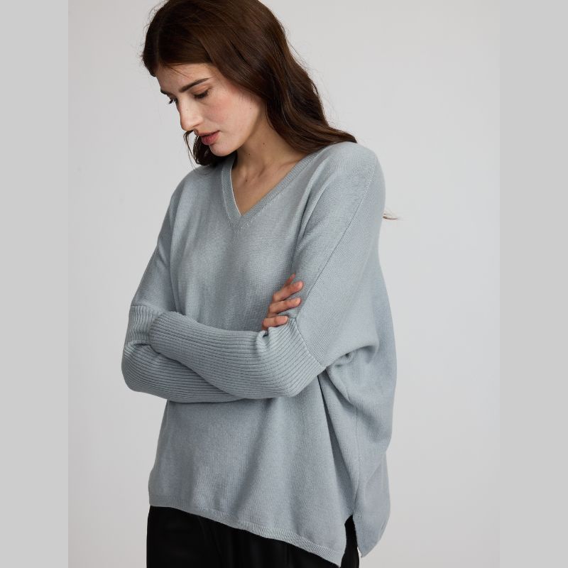 Ribbed Sleeve V-neck Fine Knit Sweater