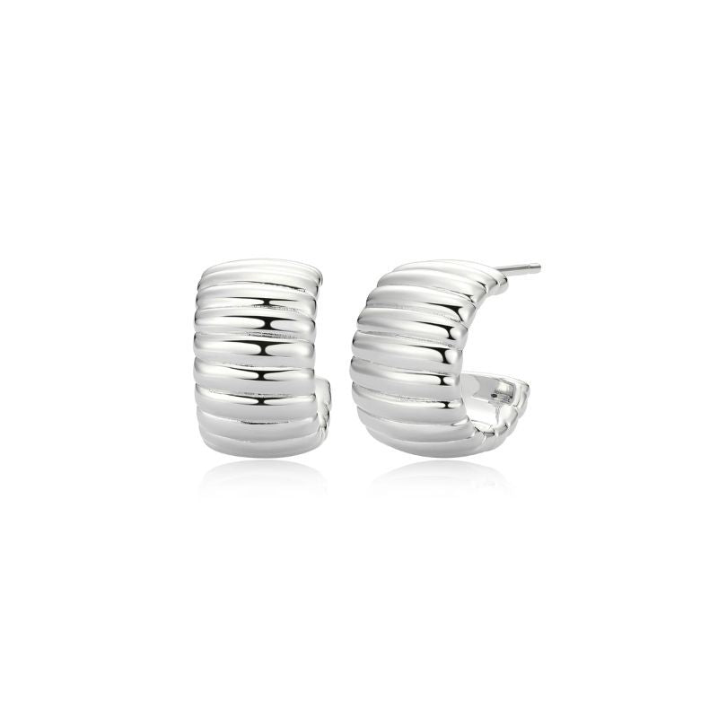 Silver Ribbed Half  Hoop Earrings