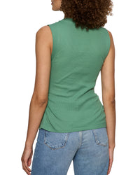 Back view of Green sleeveless top with ruching on sides and blue jeans on a white background