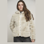 Hooded puffy faux fur short jacket with vegan leather trimming..