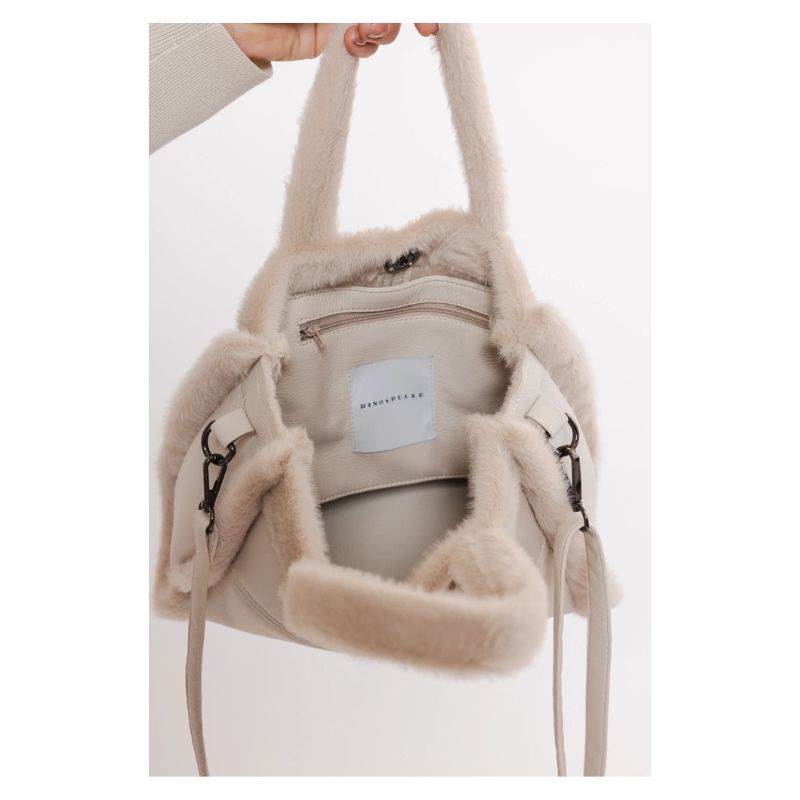 Small vegan leather and faux fur handbag in a soft beige, with top handles and detachable shoulder strap. 