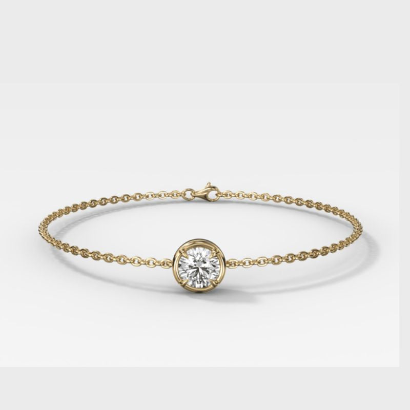Lab Diamond Single Stone Bezel Bracelet with Round Cut Diamond set in yellow gold. 
