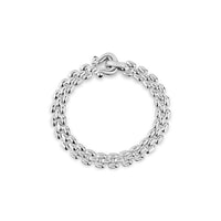 A silver-toned metal chain bracelet with a polished finish and a spring-ring clasp, shown on a plain white background.