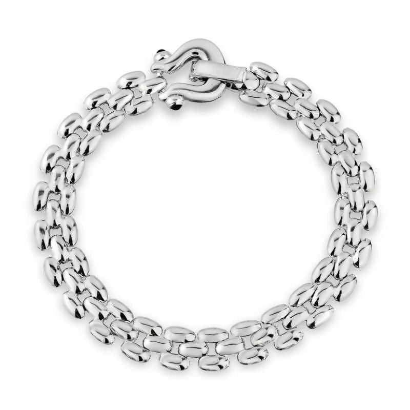 A polished silver-tone metal chain link bracelet with a lobster clasp, arranged in a circular shape on a plain white background.